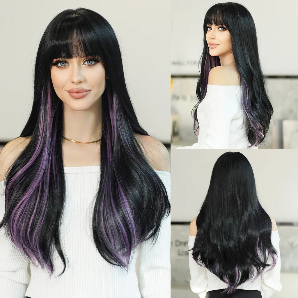 NAMM Long Wavy Ombre Black To Red Wig for Women Daily Cosplay Party Synthetic Lavender Hair Wig with Fluffy Bangs Heat Resistant