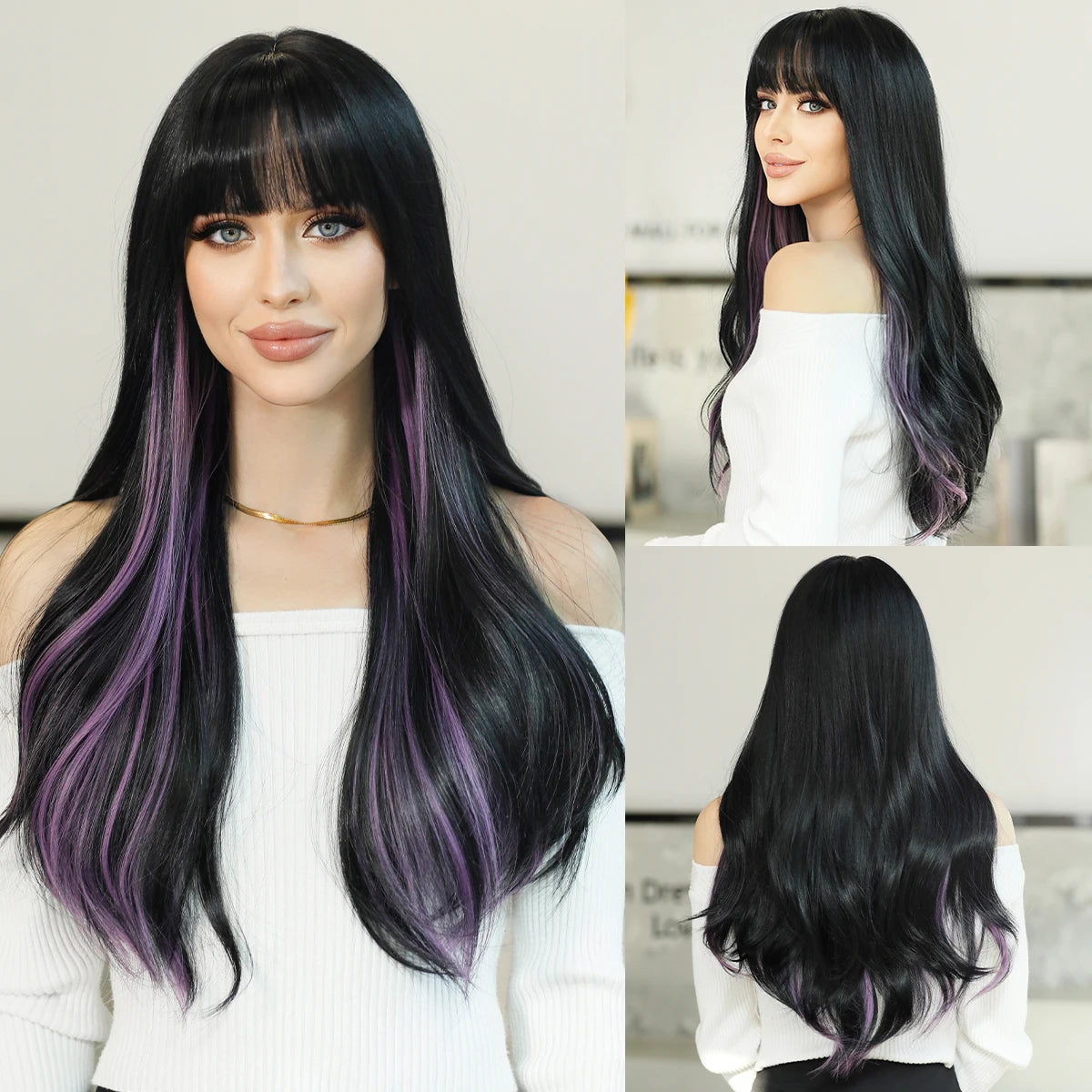 NAMM Long Wavy Ombre Black To Red Wig for Women Daily Cosplay Party Synthetic Lavender Hair Wig with Fluffy Bangs Heat Resistant