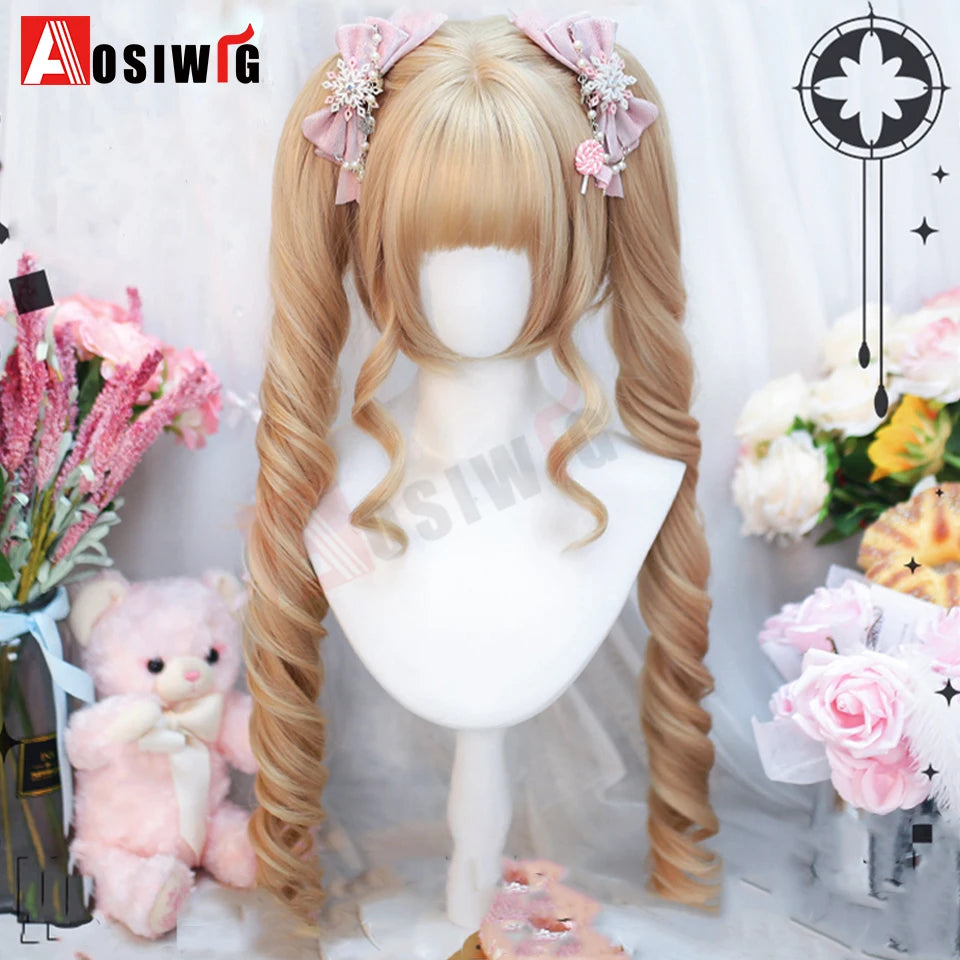 AOSI Synthetic Long Curly Wig Double Ponytail Cute Lolita Women Wigs Halloween Cosplay Style Blonde Brown Party Wig