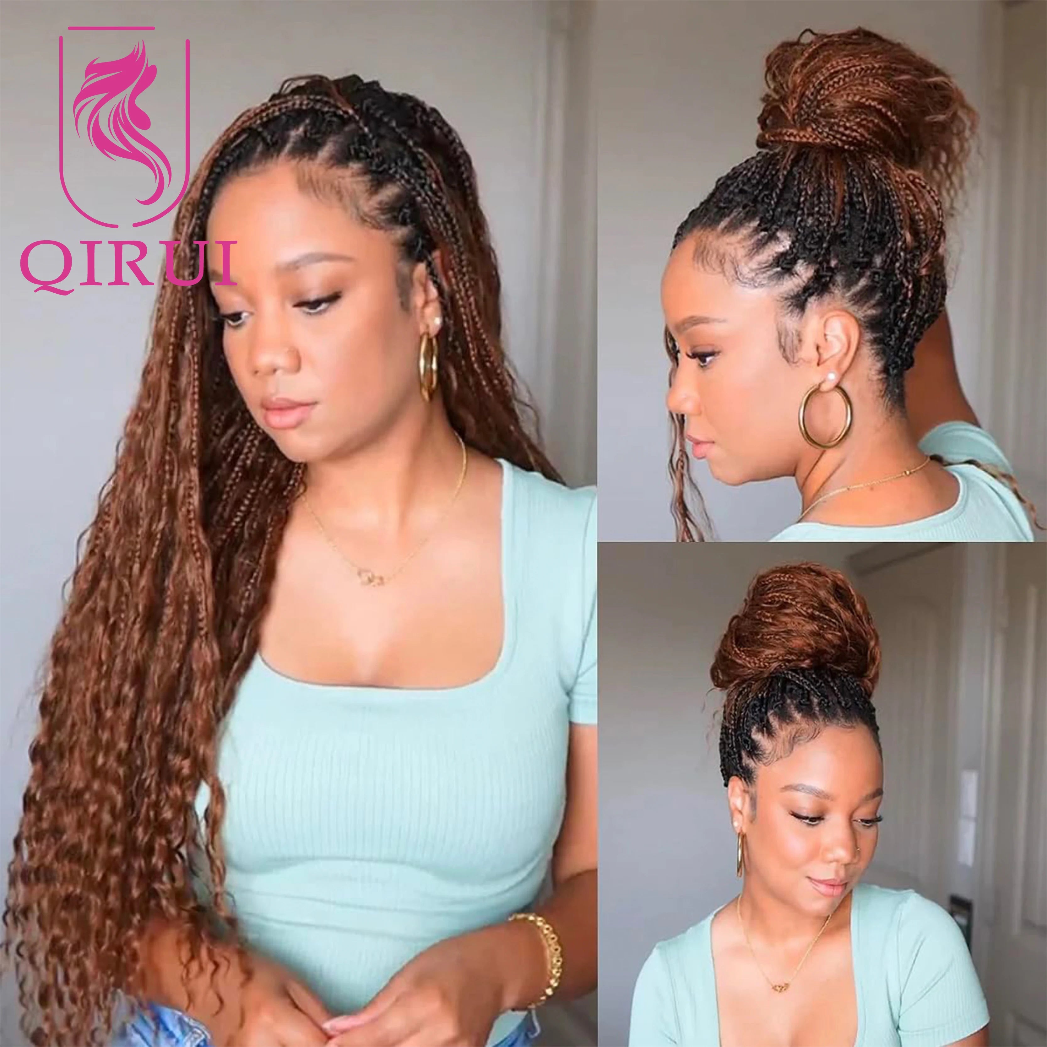 Ombre Brown #1B/30 Boho Crochet Box Braids with Human Hair Curls Deep Wave Pre Looped Box Braids Full Ends Hair Extensions