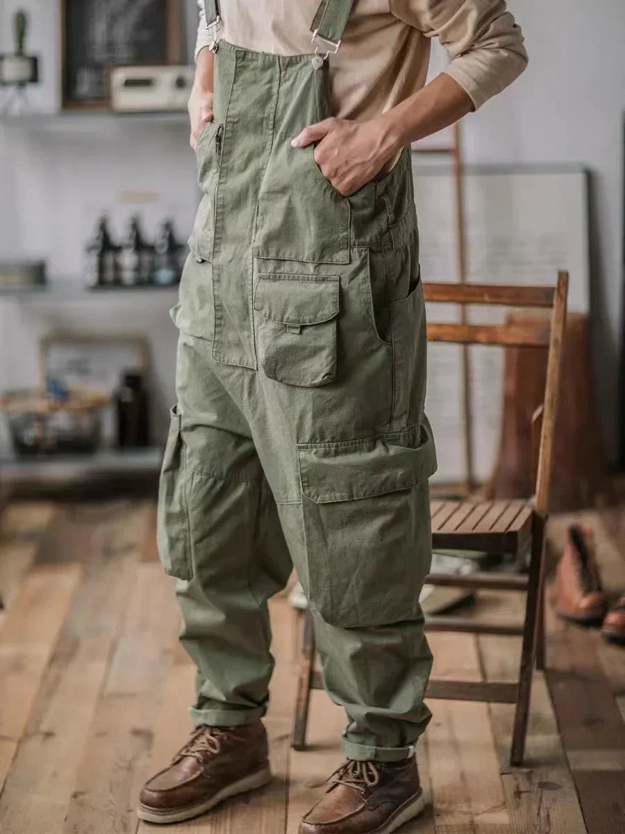 Retro American Cotton Overalls Loose Jumpsuit Men's Cargo Pants Men Suspenders Bibs Four Seasons Full Length Baggy Pants