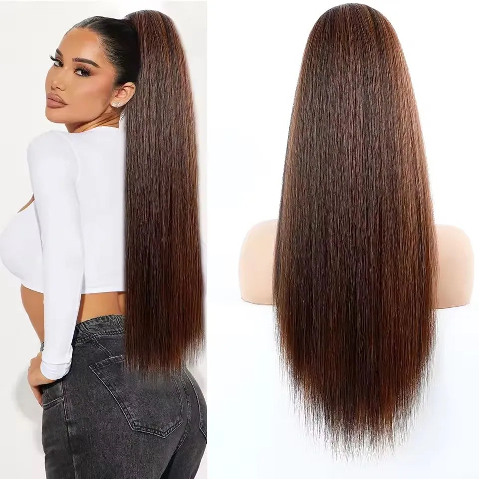 28Inch Straight Ponytail Blond Highlight 12/613 Ombre Brown Hair Extension With Clip 180Gram High Temperature Bio Synthetic Hair