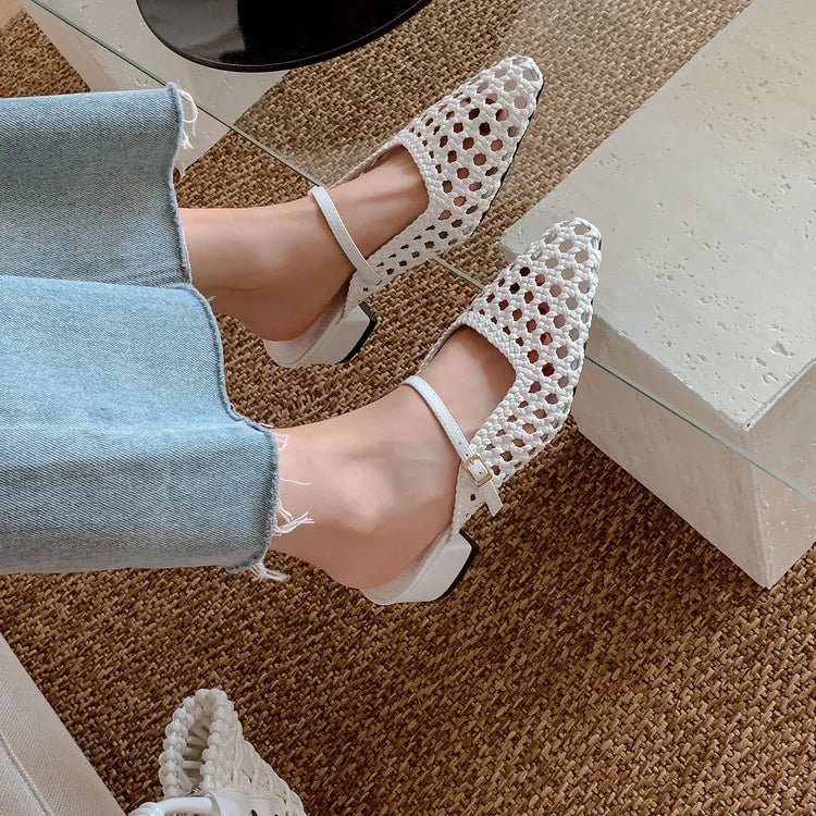 NEW Summer Women Mules Fabric Shoes for Women Pointed Toe Chunky Heel Shoes Cover Toe Slingback Shoes Soft Hollow Modern Sandals