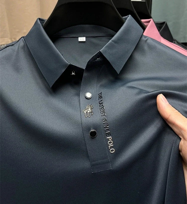 High end brand short sleeve polo shirt men's 2025 summer new trend embossed design casual ice silk breathable lapel Paul T-shirt