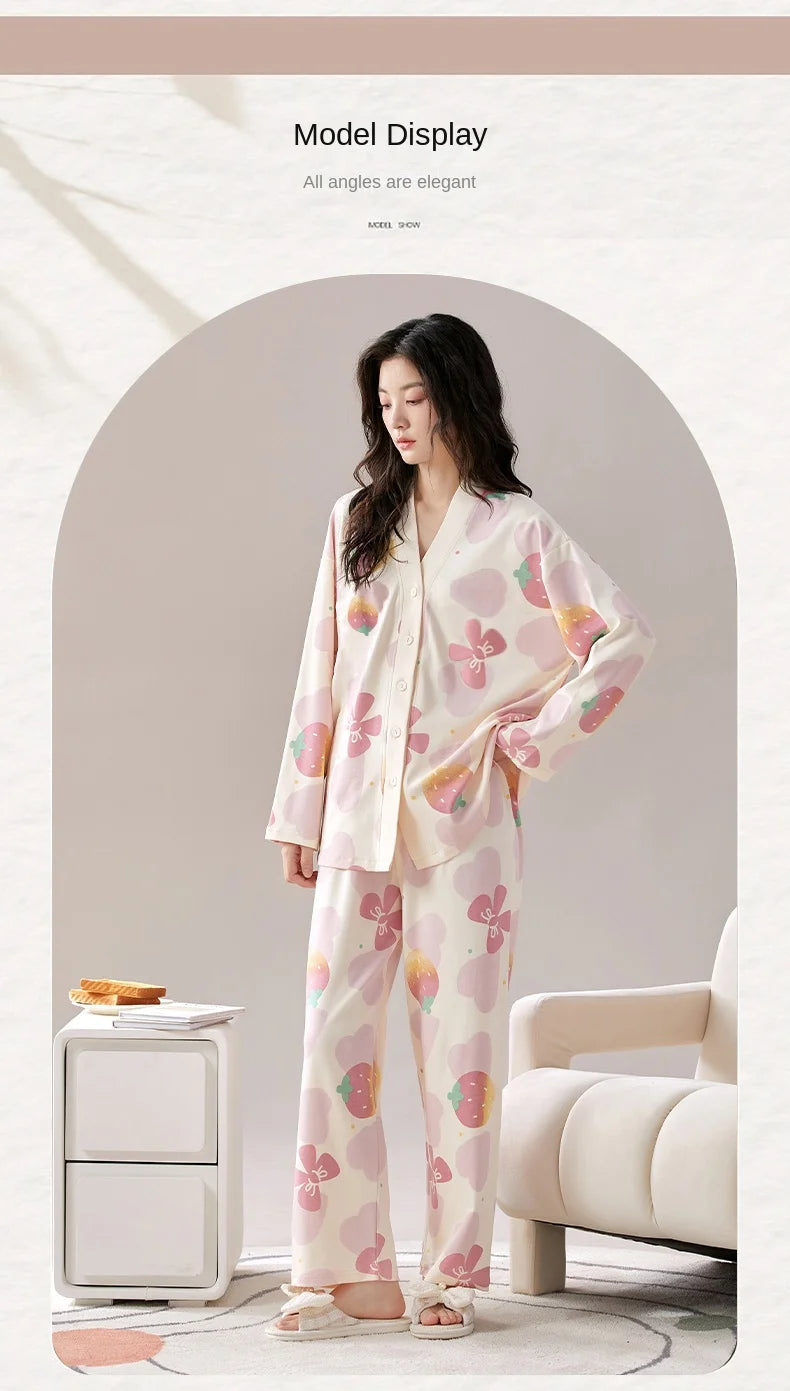 Y2k Women's 100% POLYESTER Pajamas with Cartoon Print Korean Fresh Ins Style Harajuku Lounges 2pcs 2024 New Spring/fall Homewear