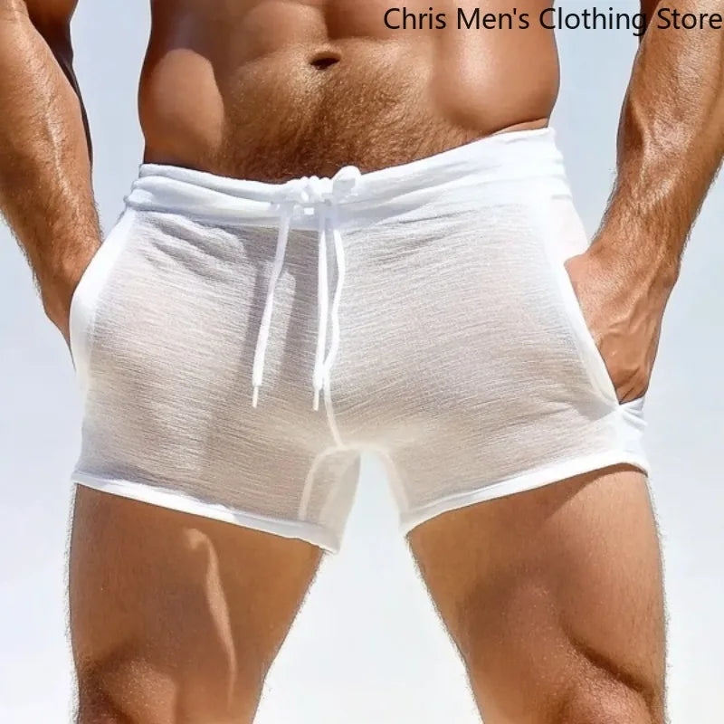 【 Quick Delivery From Stock 】Summer Men's Semi-transparent Sexy Lace-up Shorts Home Casual Comfortable Fitness Shorts Sweatpants