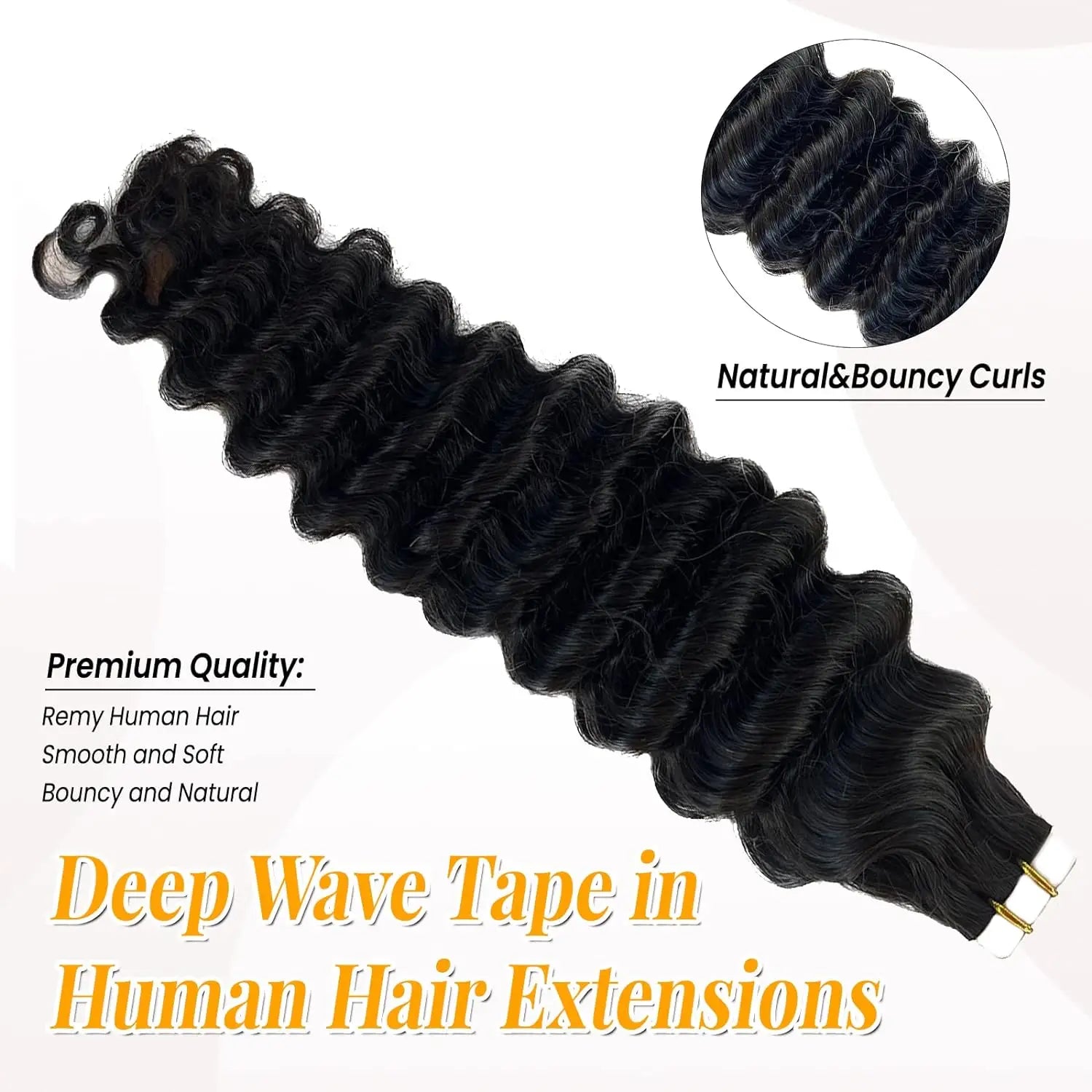 Curly Tape in Hair Extensions Deep Wave Tape in Hair Extensions 100% Human Hair Full Head Skin Adhesive Natural Black 24 26 Inch