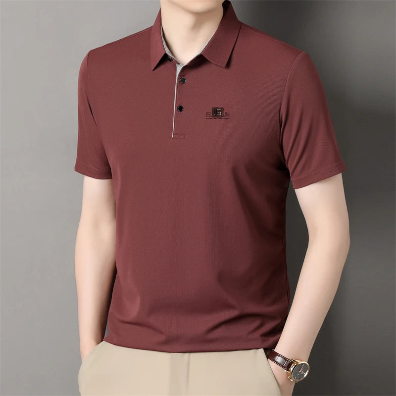 New Men's Business Casual Short Sleeved Shirt with Badge Solid Color Polo Shirt Fashionable Breathable Comfortable Versatile Top