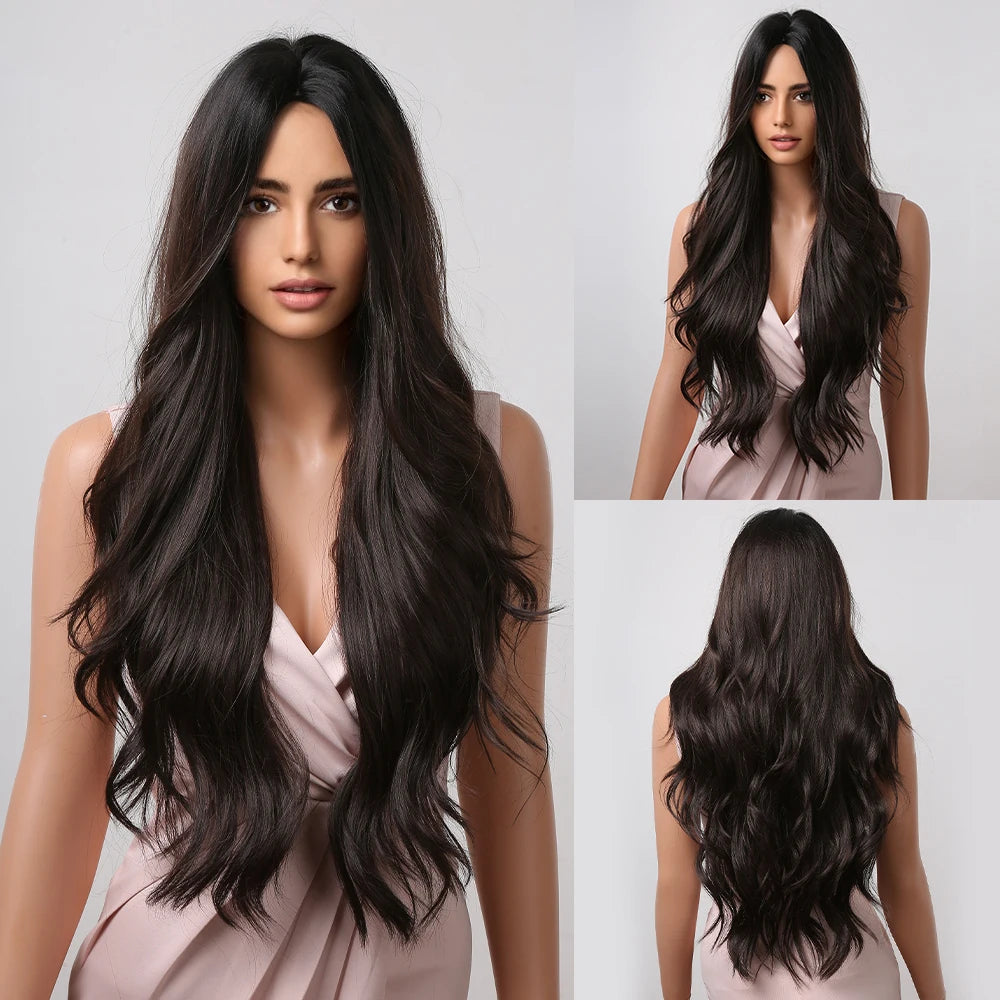 ALAN EATON Long Wave Dark Brown Synthetic Wigs for Black Women Middle Parted Wigs with Highlights Cosplay Hair Heat Resistant