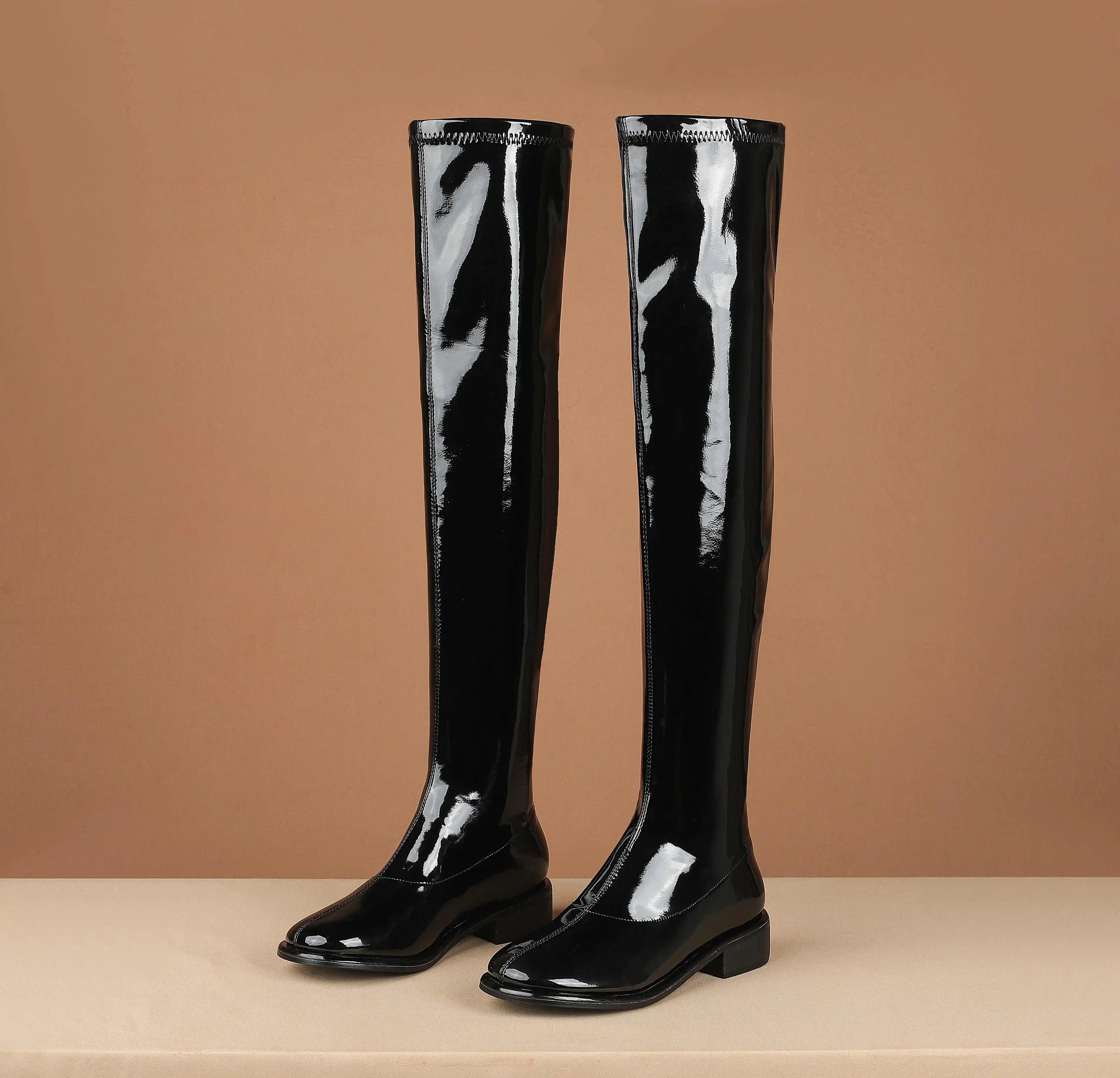 Krazing Pot Large Size 43 44 45 Microfiber Round Toe Chunky Med Heel Stretch Boots Winter Shoe Brand Fashion Over-the-knee Boots