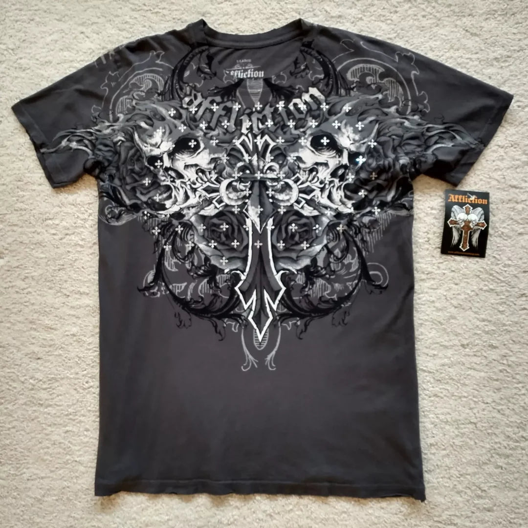 2000s Affliction Style Streetwear Tee Gothic Skull Cross Print Trendy Graphic T-shirts