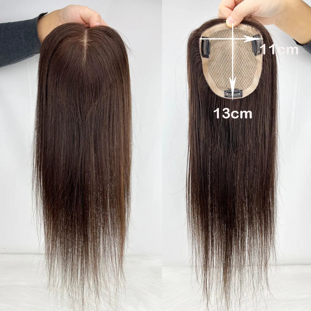 11x13cm Dark Brown Human Hair Topper Silk Base Hand Tied Silk Top Toupee Breathable Remy Hair Piece with Clips in for Women