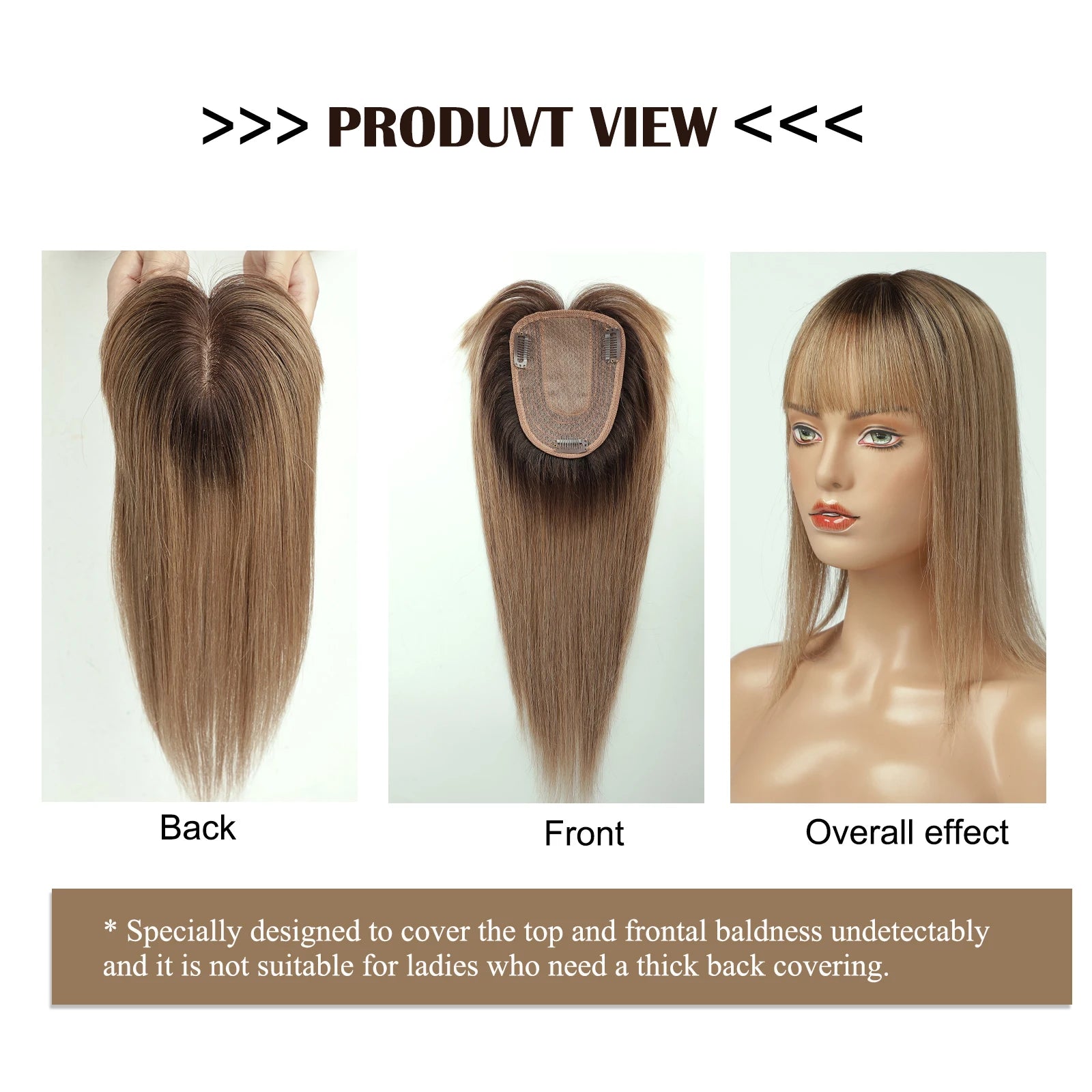 Ombre Brown Real Human Hair Toppers Wigs with Bangs Silk Base Clip Pieces 14inch Straight Topper Hairs for Women Hair Extension