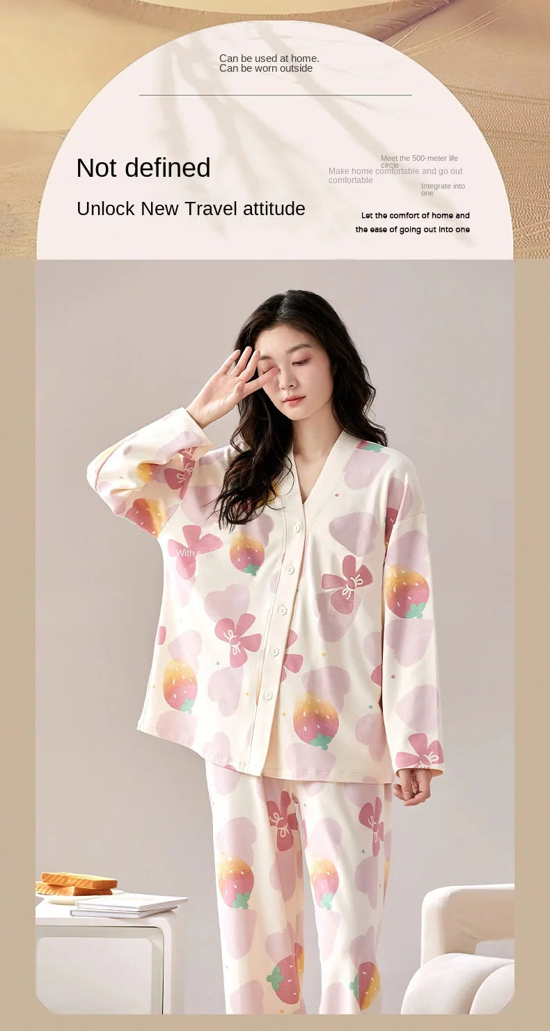Y2k Women's 100% POLYESTER Pajamas with Cartoon Print Korean Fresh Ins Style Harajuku Lounges 2pcs 2024 New Spring/fall Homewear