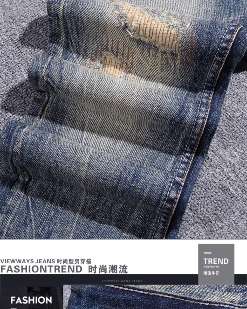 2023 Spring and Autumn New Classic Fashion Solid Color Ripped Small Foot Pants Men's Casual Comfort Elastic High Quality Jeans