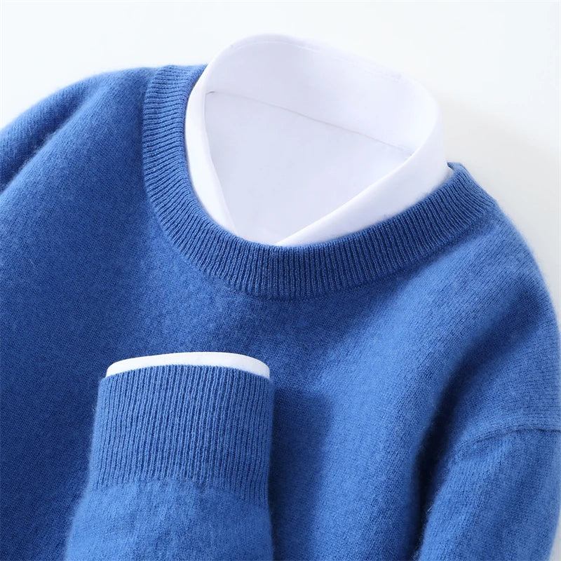 Autumn/Winter Men's 100% Pure Cashmere Pullover Business Casual Solid Knitted Sweater Loose Round Neck Tops Thick Warm Jumper