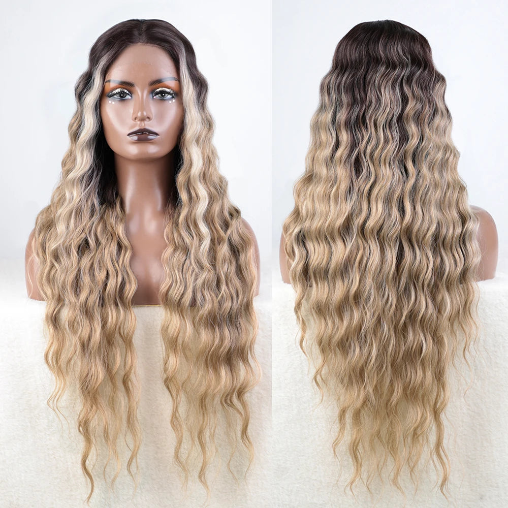 Synthetic Lace Wig 30" Ombre Blonde Black Wig  Wig Long Wavy 30 " Hair Lace Wig For Women Lace Front Wig Cosplay Wig