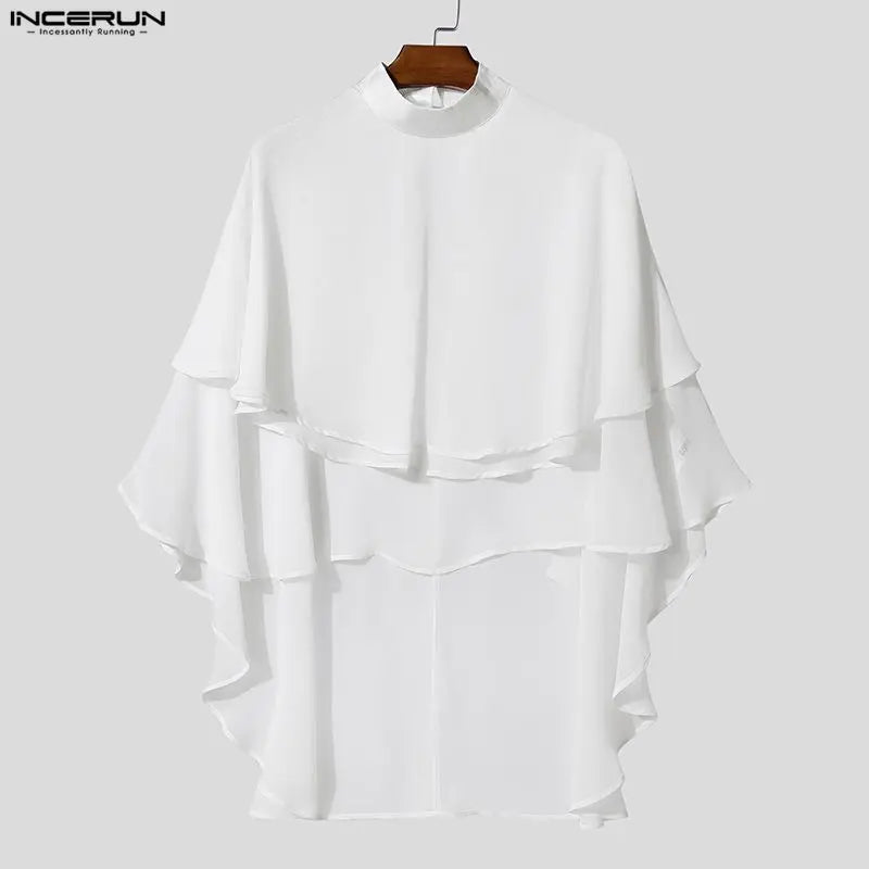 INCERUN Men Irregular T Shirt Solid Color Chiffon Turtleneck Ruffle Male Tee Tops Streetwear Loose Fashion Casual Men Clothing