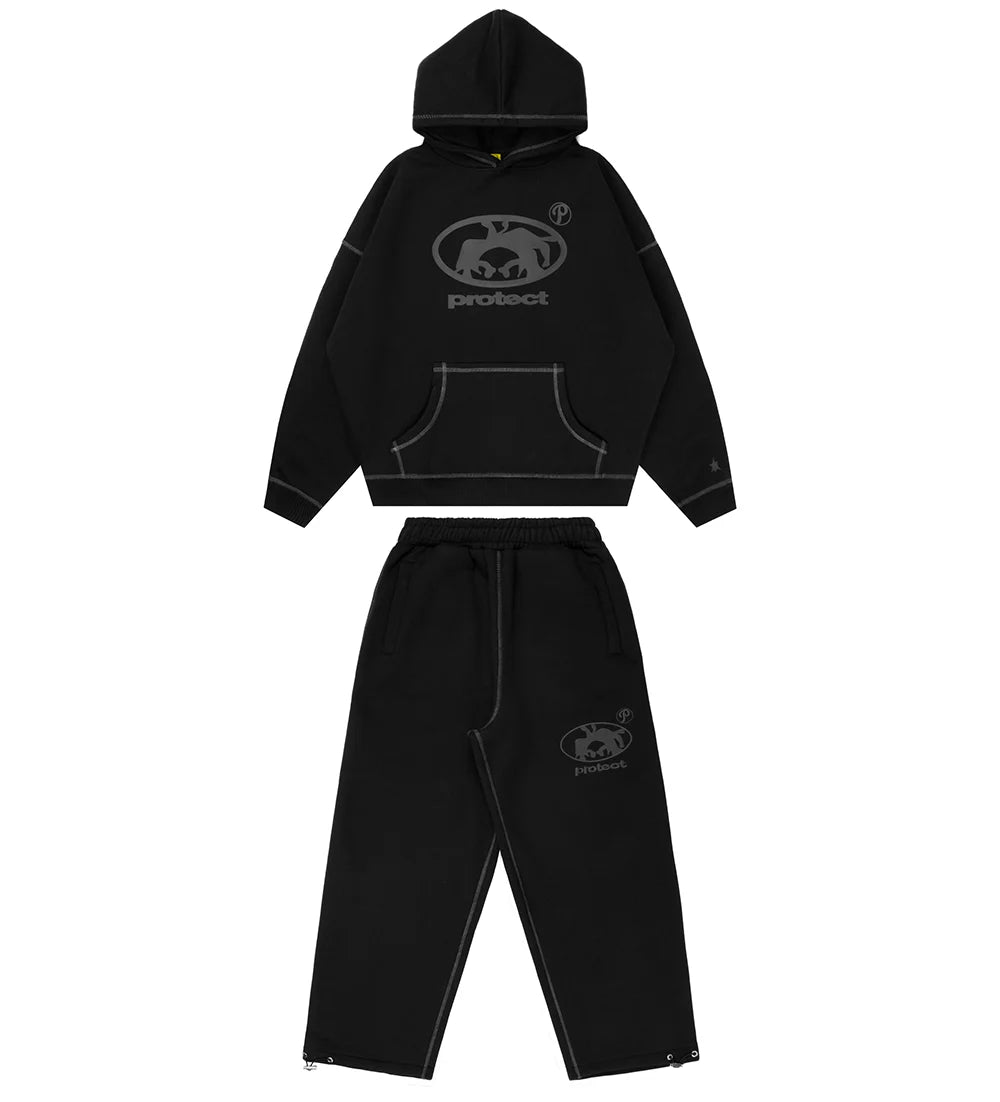 Streetwear Hoodie Sweatpants Two Piece Set Y2K Sportswear Men Harajuku HipHop Letter Embroidery Oversized Sweatshirt Casual Pant