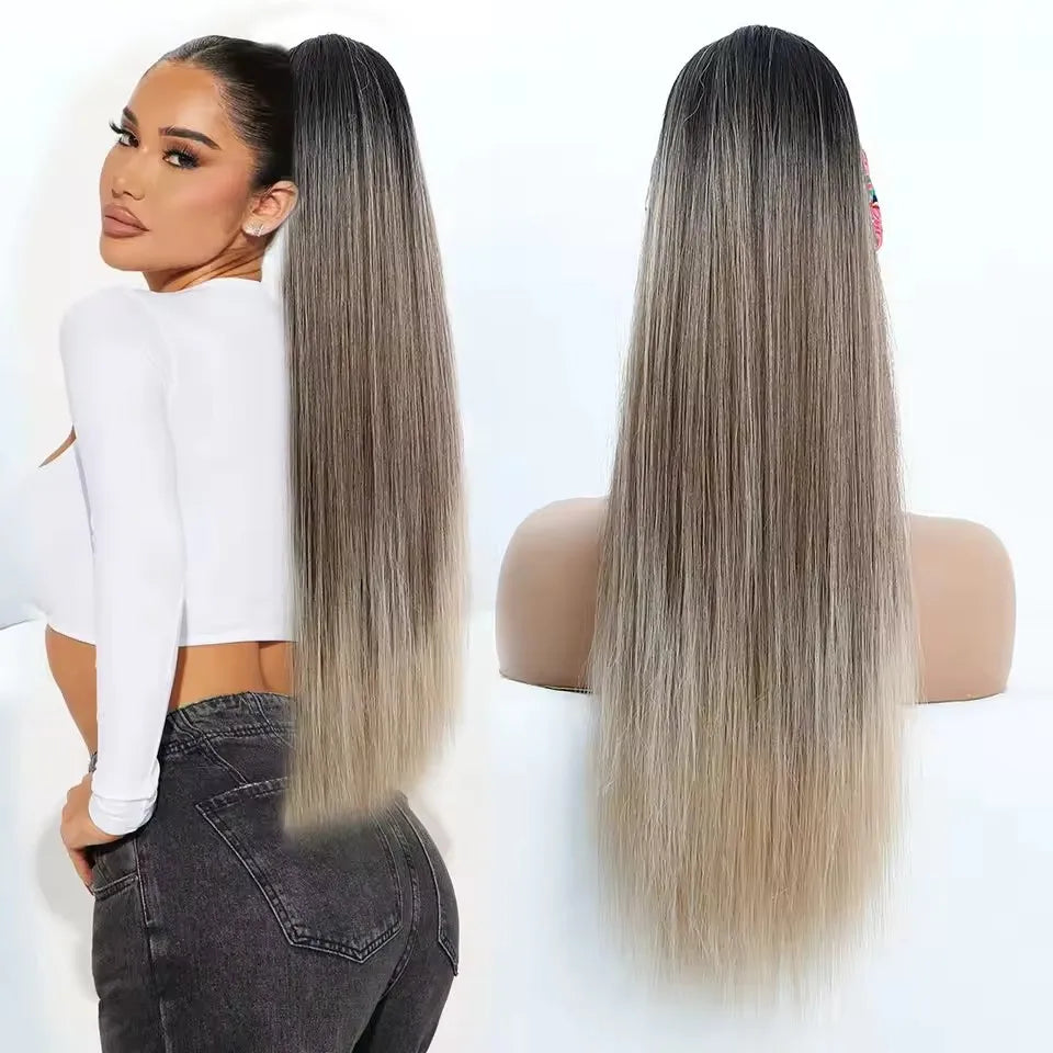 28Inch Straight Ponytail Blond Highlight 12/613 Ombre Brown Hair Extension With Clip 180Gram High Temperature Bio Synthetic Hair