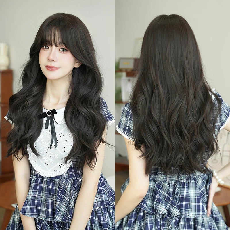 7JHH WIGS Body Wavy Wig Long Loose Curly Brown Wig for Women Daily Use High Density Synthetic Layered Hair Wigs with Bangs