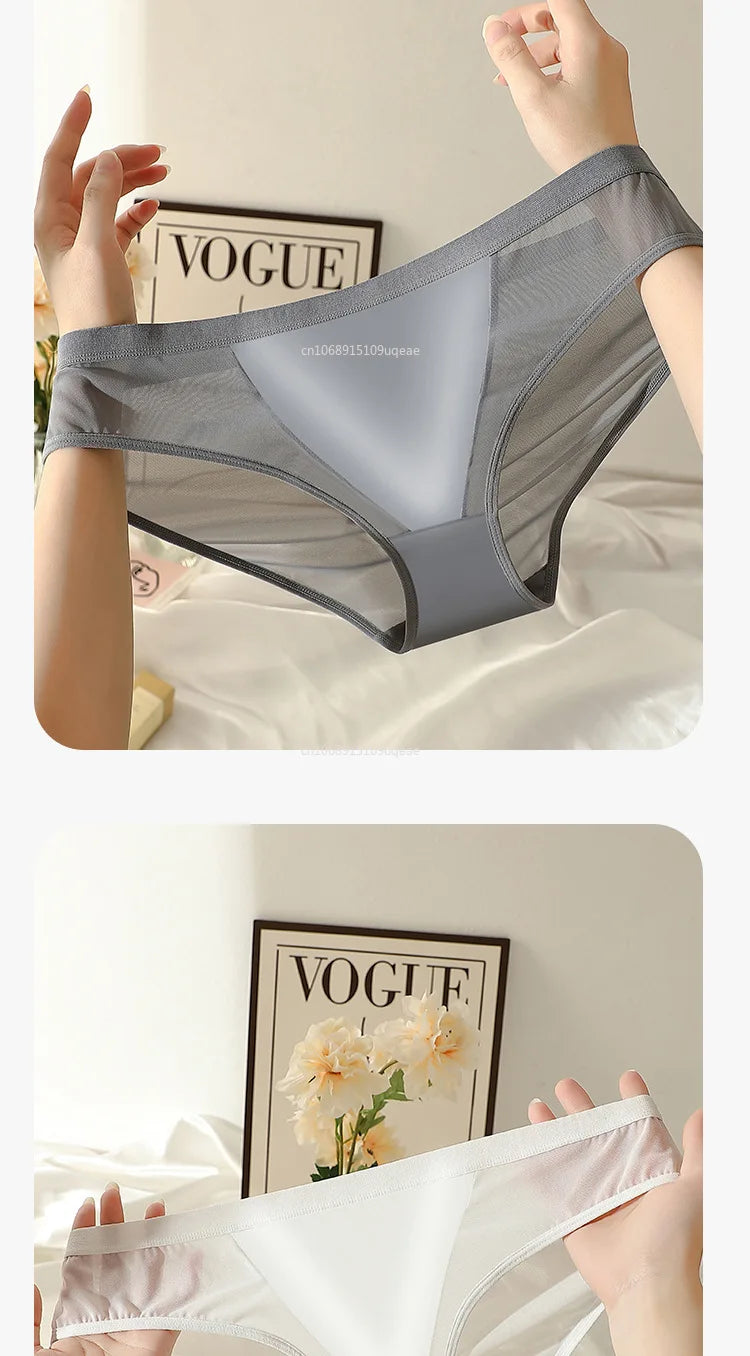 Women Sexy Mesh Ice Silk Solid Thin Breathable Underwear Middle Waist Elasticity Plus Big Panties Elasticity Plus Big Panties