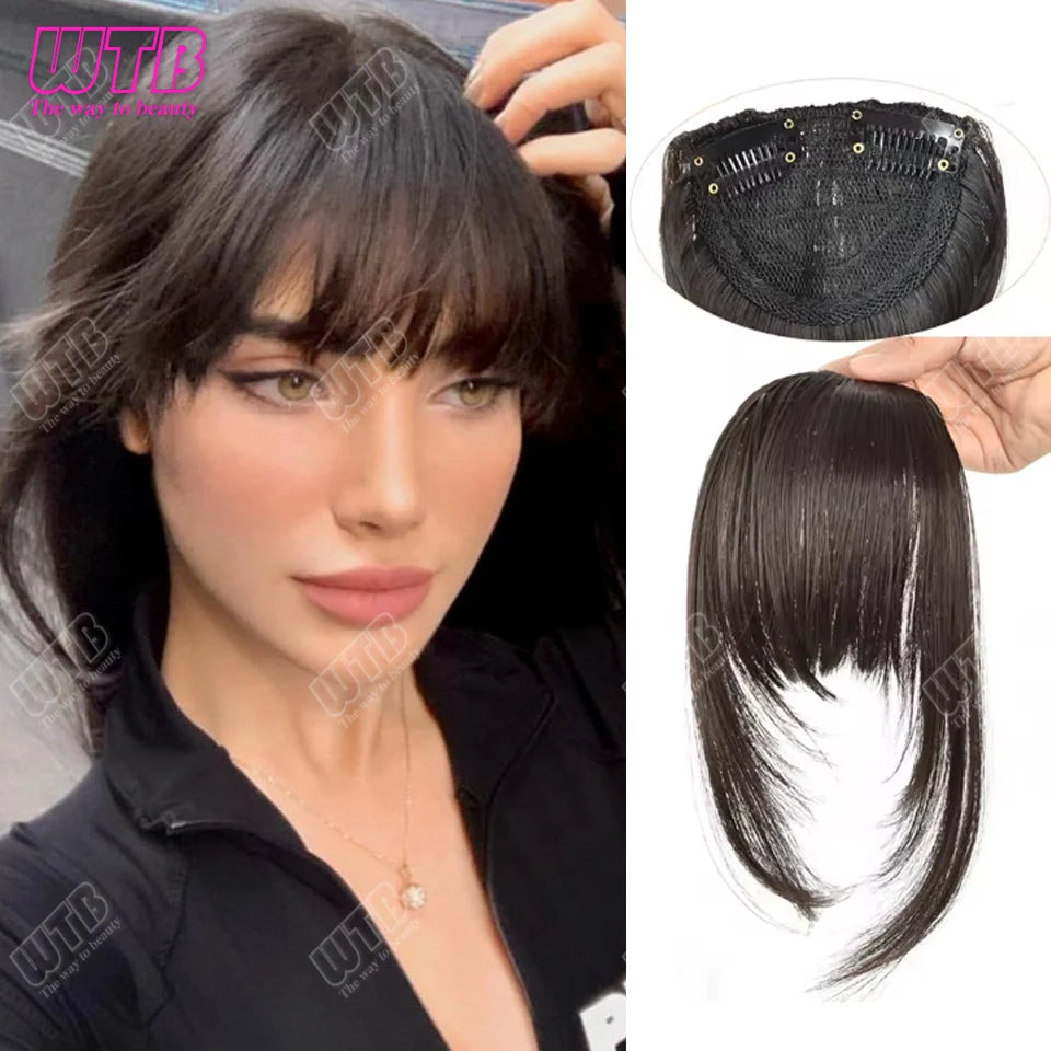 Natural Straight Blunt Bangs Synthetic Natural Brown Black False Fringe Clip In Front Hair With Fringe with Temples Daily Wear