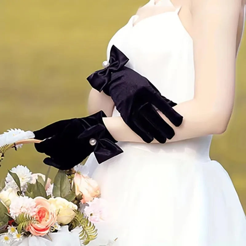 French Vintage Black Pearl Elegant Short Gloves Bridal Wedding Ball Halloween Split Finger Gloves