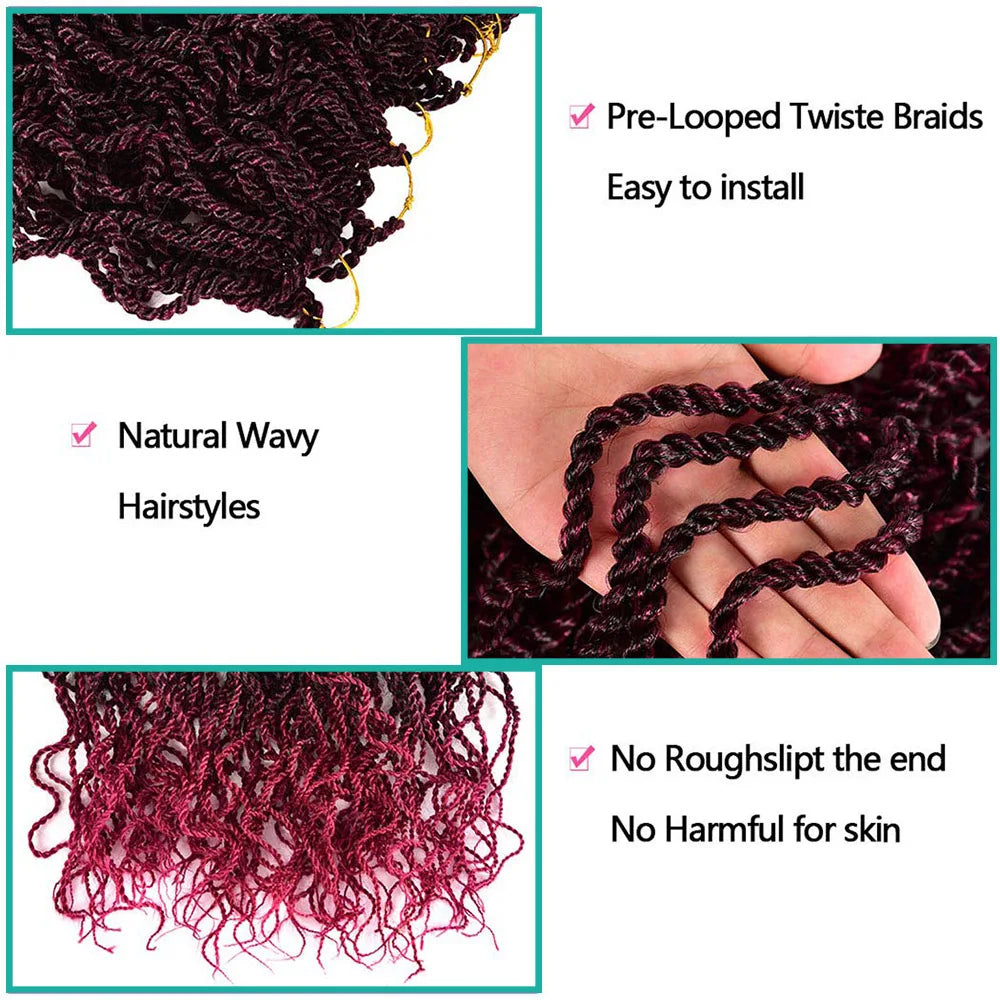 16 Inch Wavy Senegalese Twists Crochet Braiding Hair Extension Ombre 99J Synthetic Crochet Braids Hair with Curly Ends for Women