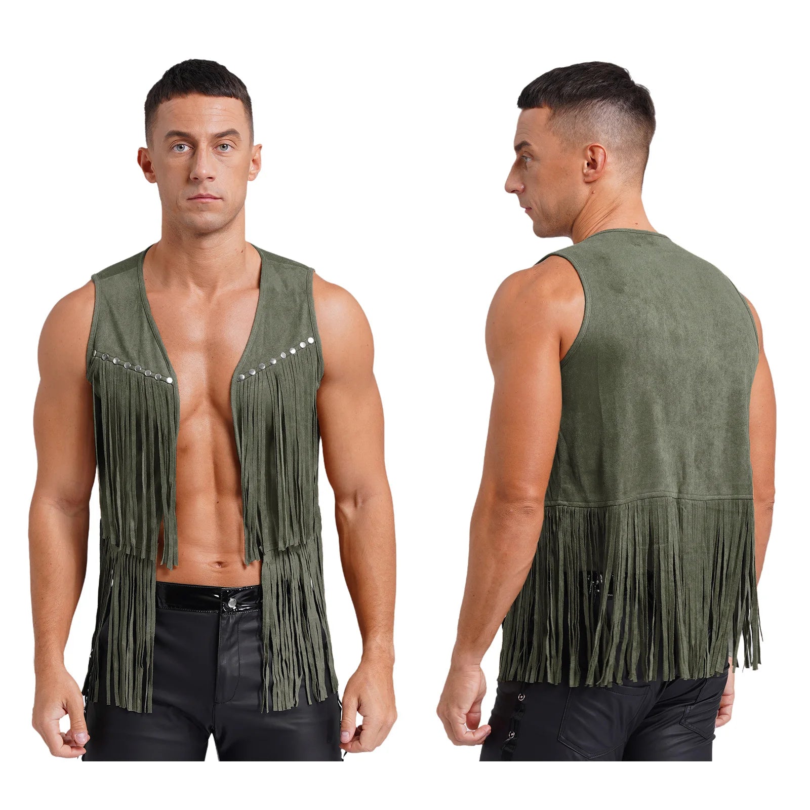 Mens Faux Suede Tassel Vest Coat Punk Western Cowboy Costume Fashion Rivets Fringe Waistcoat Open Front Sleeveless Jacket Tops