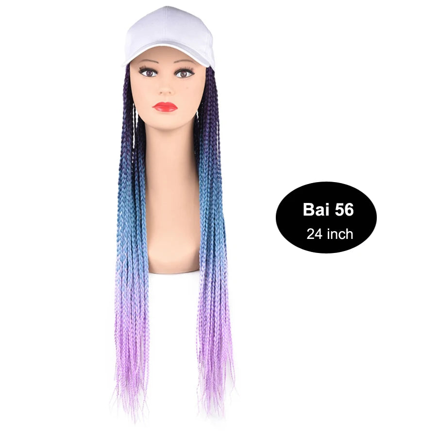 Synthetic Hat Wig Baseball Cap with Braiding Hair 24inch Long Braids Wigs Women Girls Daily Wear Ombre Blue Grey Brown Blonde