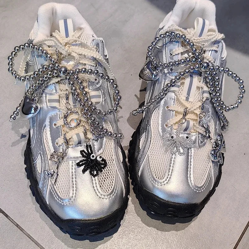 1PCS Fashion Silver Pearl Bow Pendant Gemstone Shoelaces Charms for Sneakers Shoe Decorations Buckle Girl Heart Shoe Charm