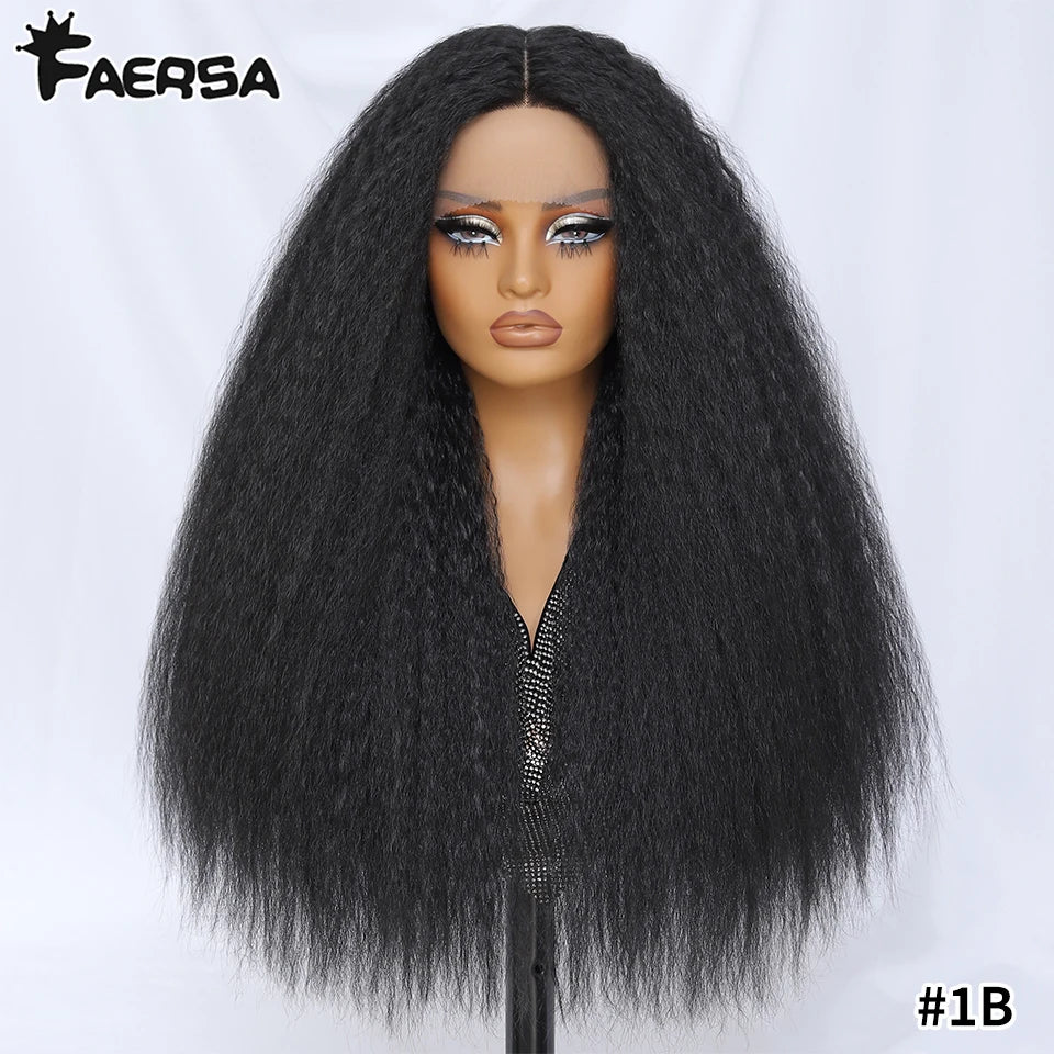Kinky Straight Lace Front Wig T-Part 28Inch Synthetic 13x5x1 Long Lace Wigs Afro Yaki Straight Wigs Ombre Brown For Black Women