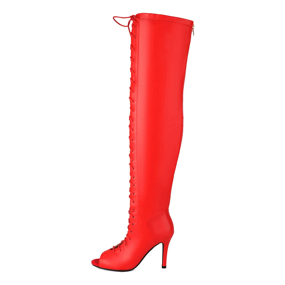 Fashion Party Women's Dance Shoes Sexy Thin High Heels Open Toe Cool Boot Summer Latin Jazz Ballroom Cross Straps Thigh Boots