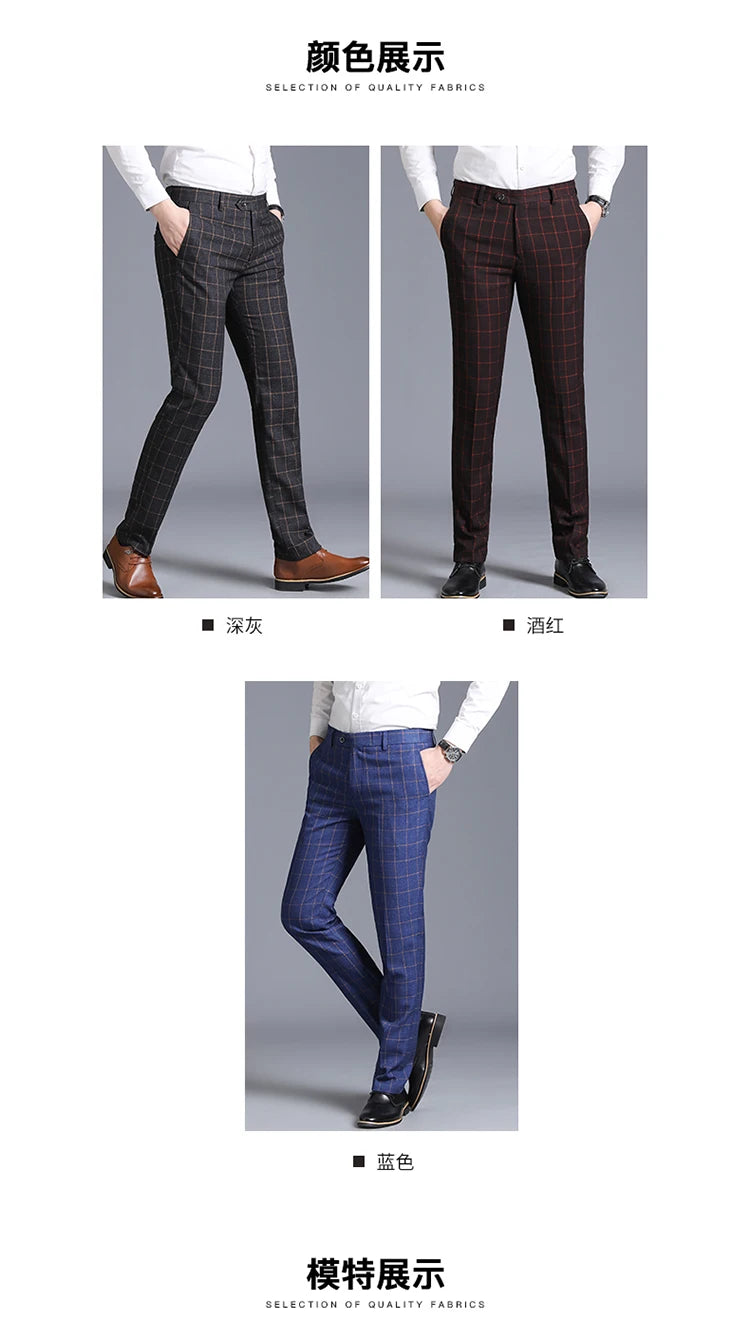 2025 New Burgundy Navy Plaid Casual Suit Pants for Men, Beige/Blue Vertical Stripe Non-Iron Slim Small Leg Work Trousers Men