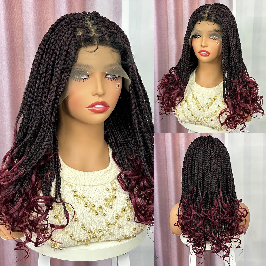 Ombre Synthetic Lace Front Square Knotless Box Braided Wig with Wavy Ends Lace Frontal Braids Wig with Baby Hair for Black Women