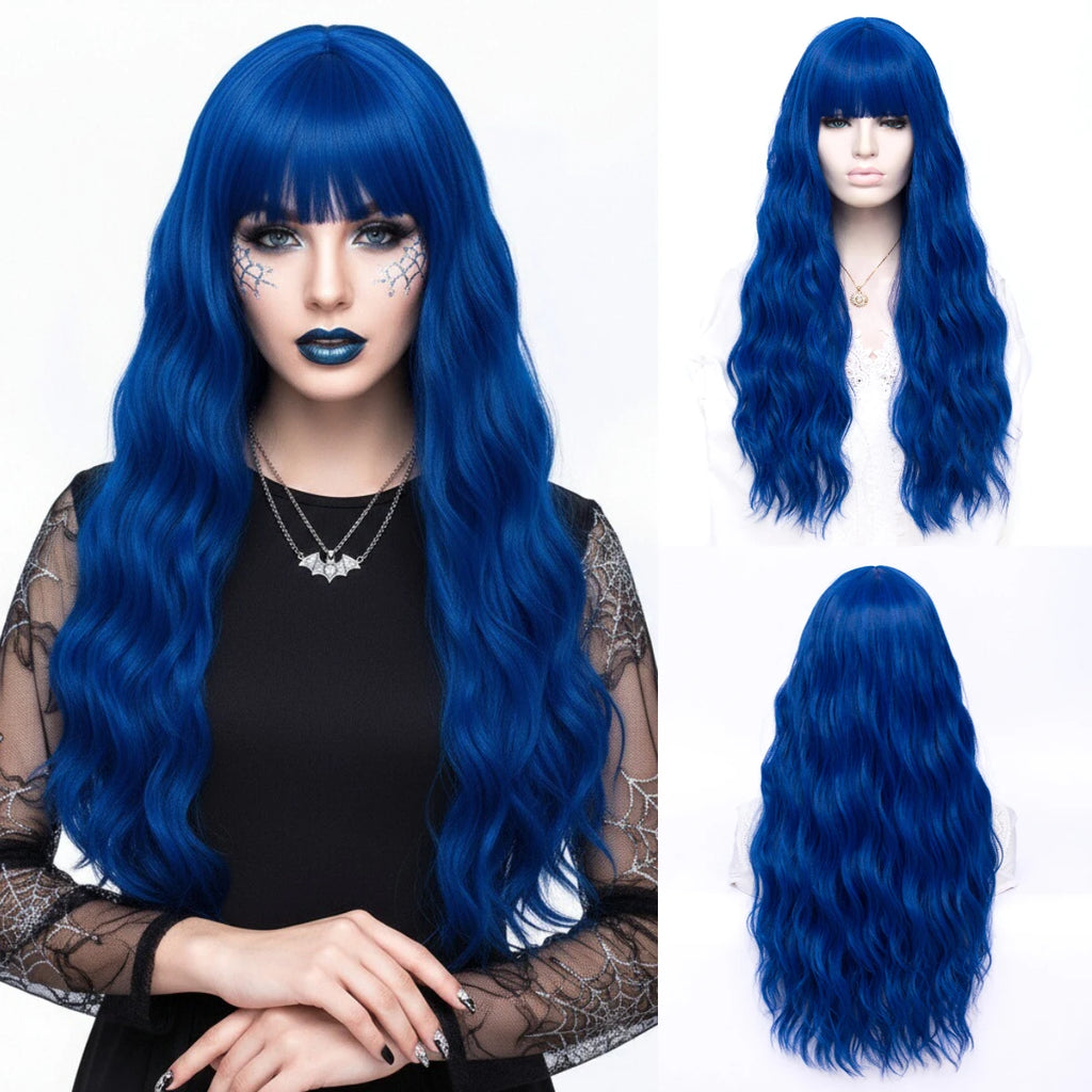 MSIWIGS Women Long Wavy Lolita Blue Wig Synthetic Cosplay with Bangs For Holloween Party Anime Heat Resistant