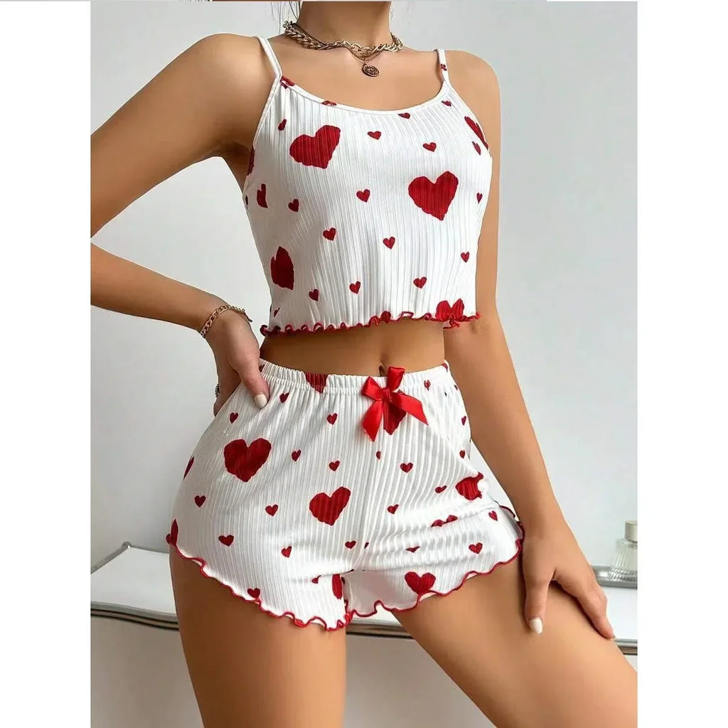 Summer New Sleepwear Women's Pajamas Set 2 PCS Soft Casual Love Printing Tank Tops and Shorts Lingerie Set Pyjamas