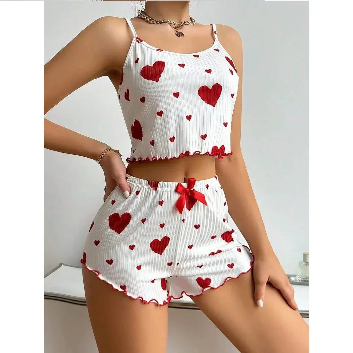 Summer New Sleepwear Women's Pajamas Set 2 PCS Soft Casual Love Printing Tank Tops and Shorts Lingerie Set Pyjamas