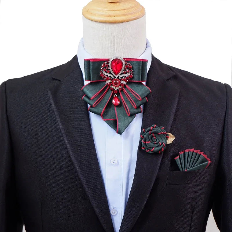 Vintage British Banquet Suit Shirt Collar Flowers Luxury French Men's Jewelry Bow Chest Clip 3-piece Set Wedding Bows Brooch Set