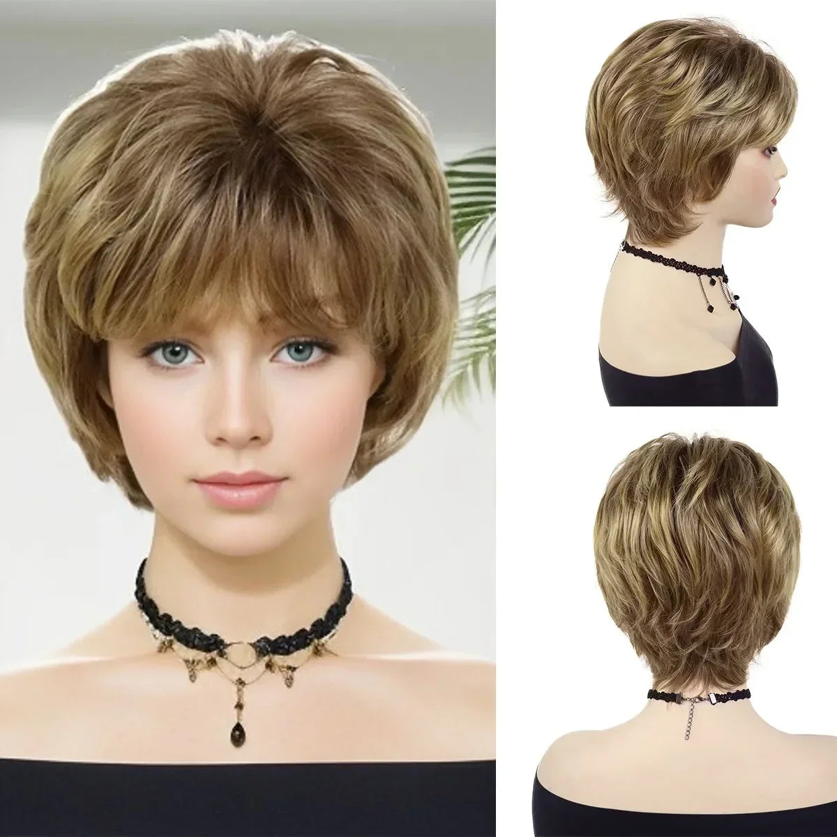 Old Lady Synthetic Hair Blonde Wig with Bangs Natural Short Wig for White Woman High Temperature Blond Ombre Mommy Wig for Daily