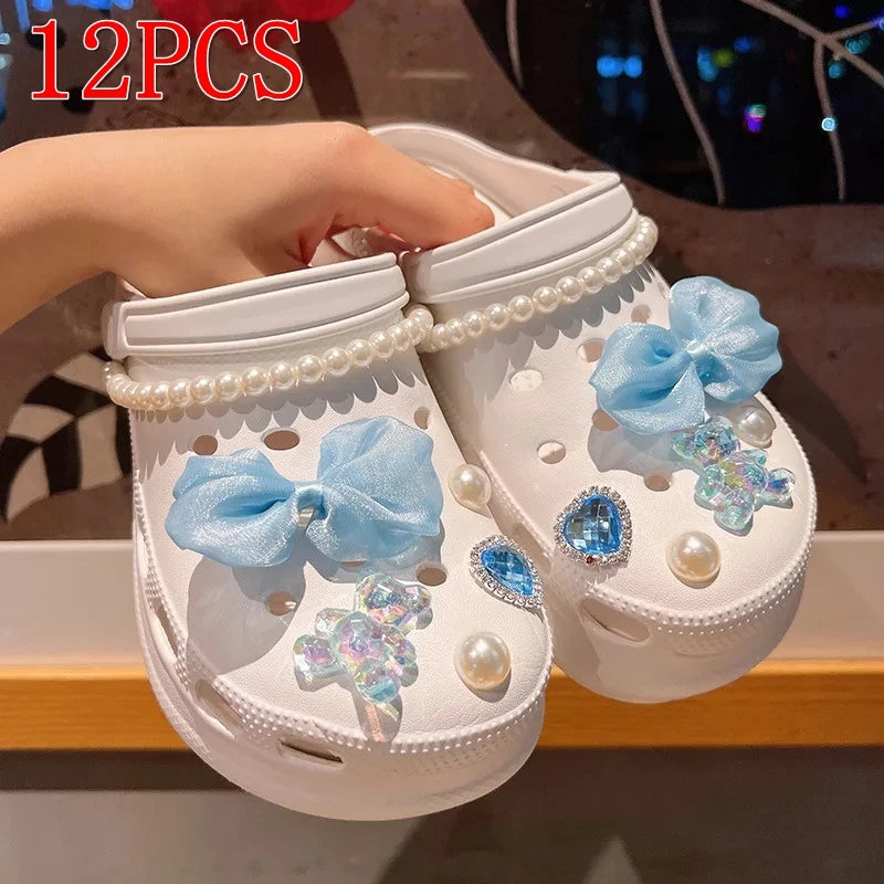 12/14PCS Advanced Bow Shoe Decorations Shoe Charms Set Pearl Butterfly Shoe Decoration DIY Detachable Buckle Shoes Accessories