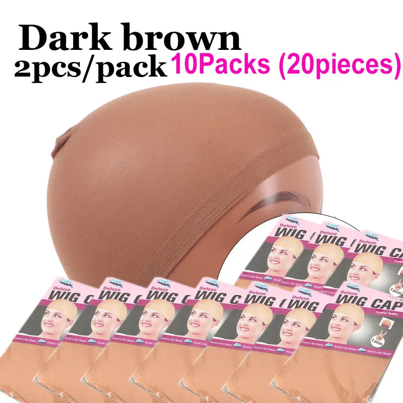 Dark Brown Wig Cap For Lace Front Wigs 20Pcs (10 Packs) Nylon Wig Cap For Wigs Making Stretchy Stocking Wig Caps For Women