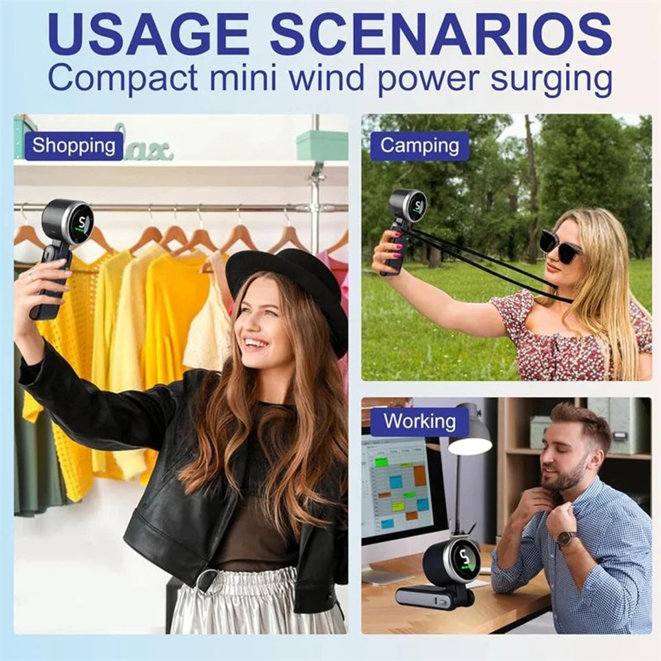 MEUYAG Portable 3-in-1 Turbo Handheld Fan, 5 High-Speed Settings, 3600mAh Power, Digital Screen, Foldable USB/Type-C Charge