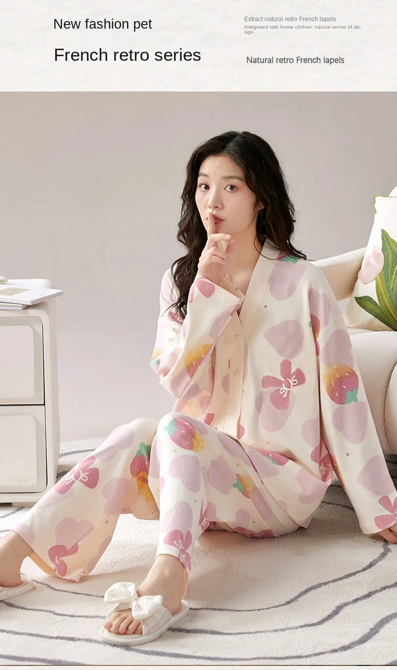 Y2k Women's 100% POLYESTER Pajamas with Cartoon Print Korean Fresh Ins Style Harajuku Lounges 2pcs 2024 New Spring/fall Homewear