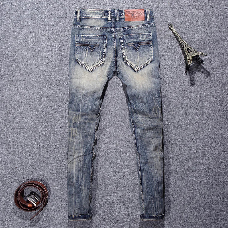 2023 Spring and Autumn New Classic Fashion Solid Color Ripped Small Foot Pants Men's Casual Comfort Elastic High Quality Jeans