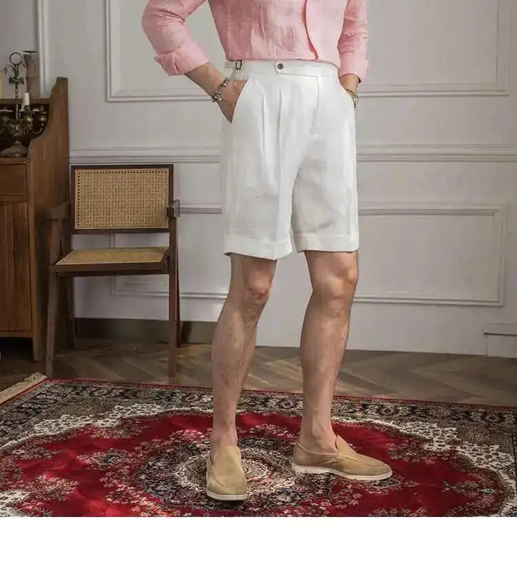 100% Linen Summer Straight Naples Shorts Men Solid Color Business Dress Pants Office Social Casual Slim Fit Shorts