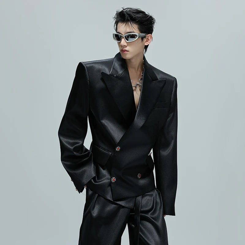 FEWQ Niche Design Men's Suit Sets Lapel Double Breatsed Silhouette Glossy Blazers Wide Leg Belt Chc Button Male Trousers 24K6098