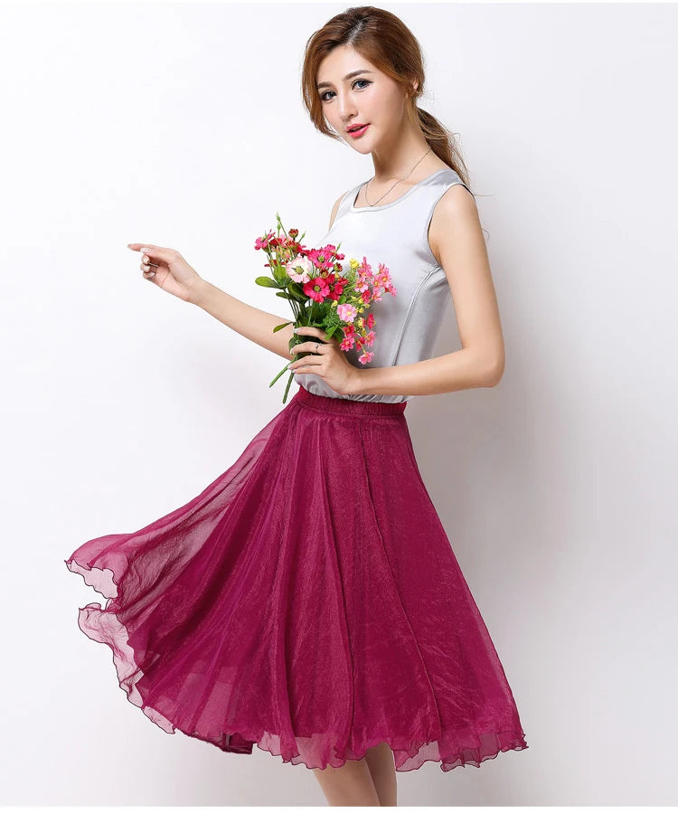 Summer Women Silk Tutu Skirts Chiffon Pleated Dance Beach Wedding Party Skirt Black White Elastic High Waist Midi Skirts