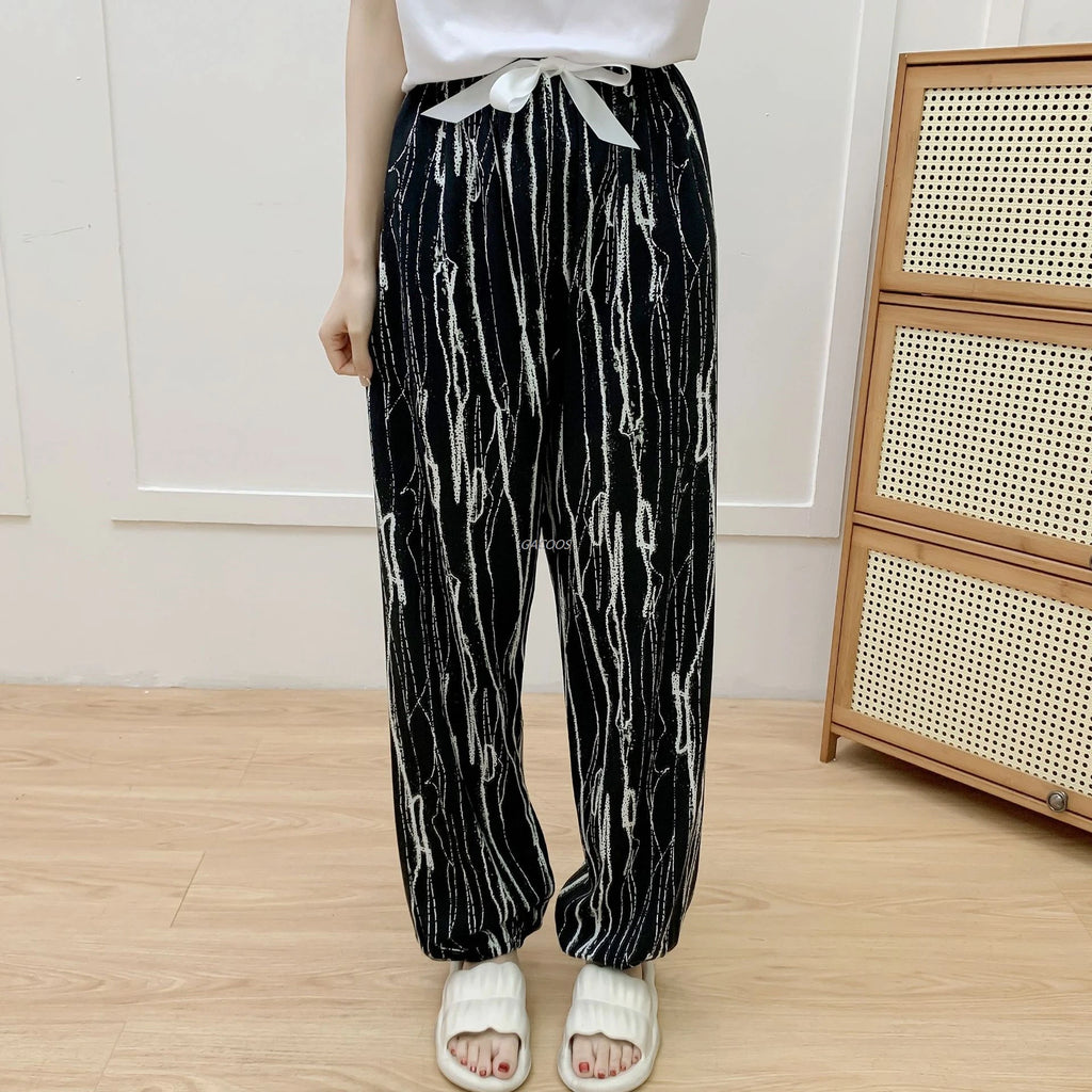 New Korean Style Pants Summer Cropped Trousers Women's Flower Home Clothes Loose Wide Leg Pants Casual Beach Outfits Sweatpants
